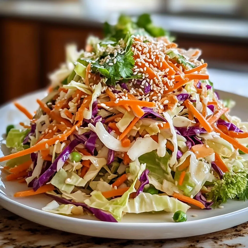 Easy Crunchy Asian Cabbage Slaw topped with sesame seeds and peanuts in a white bowl