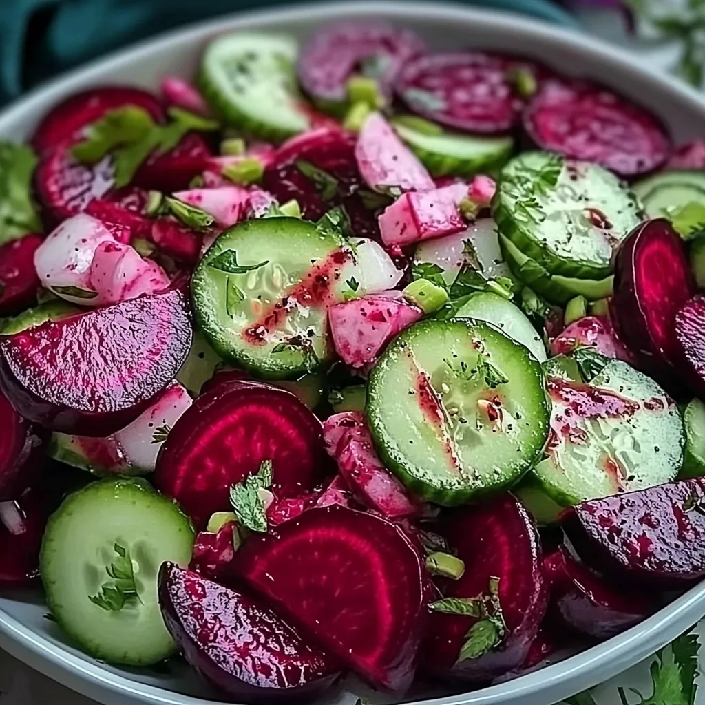 Bowl of fresh cucumber and beet salad with lemon dressing and herbs