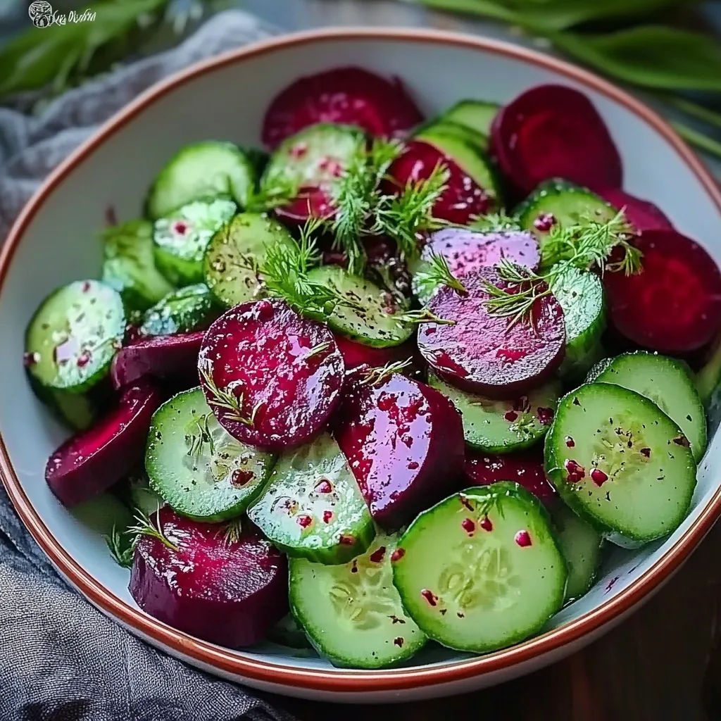 Bowl of fresh cucumber and beet salad with lemon dressing and herbs