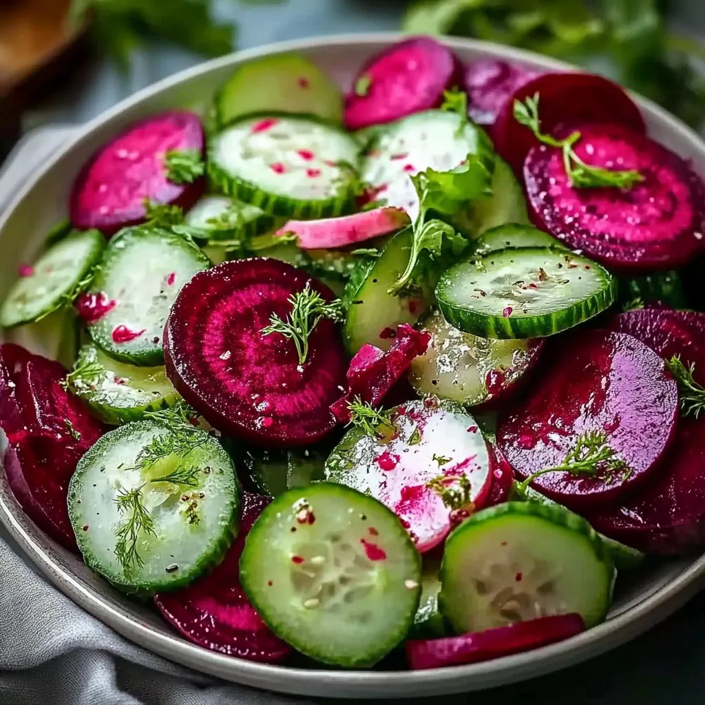 Bowl of fresh cucumber and beet salad with lemon dressing and herbs