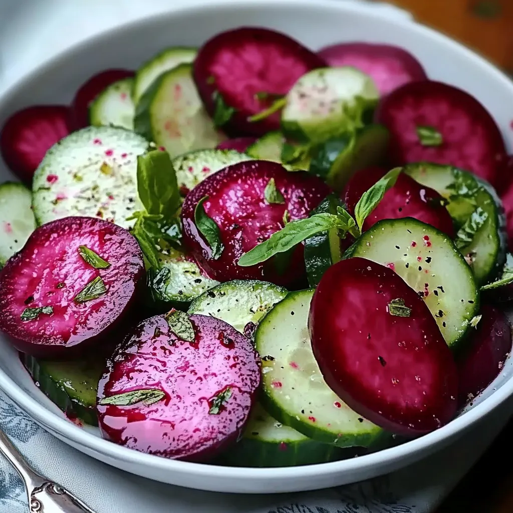 Bowl of fresh cucumber and beet salad with lemon dressing and herbs