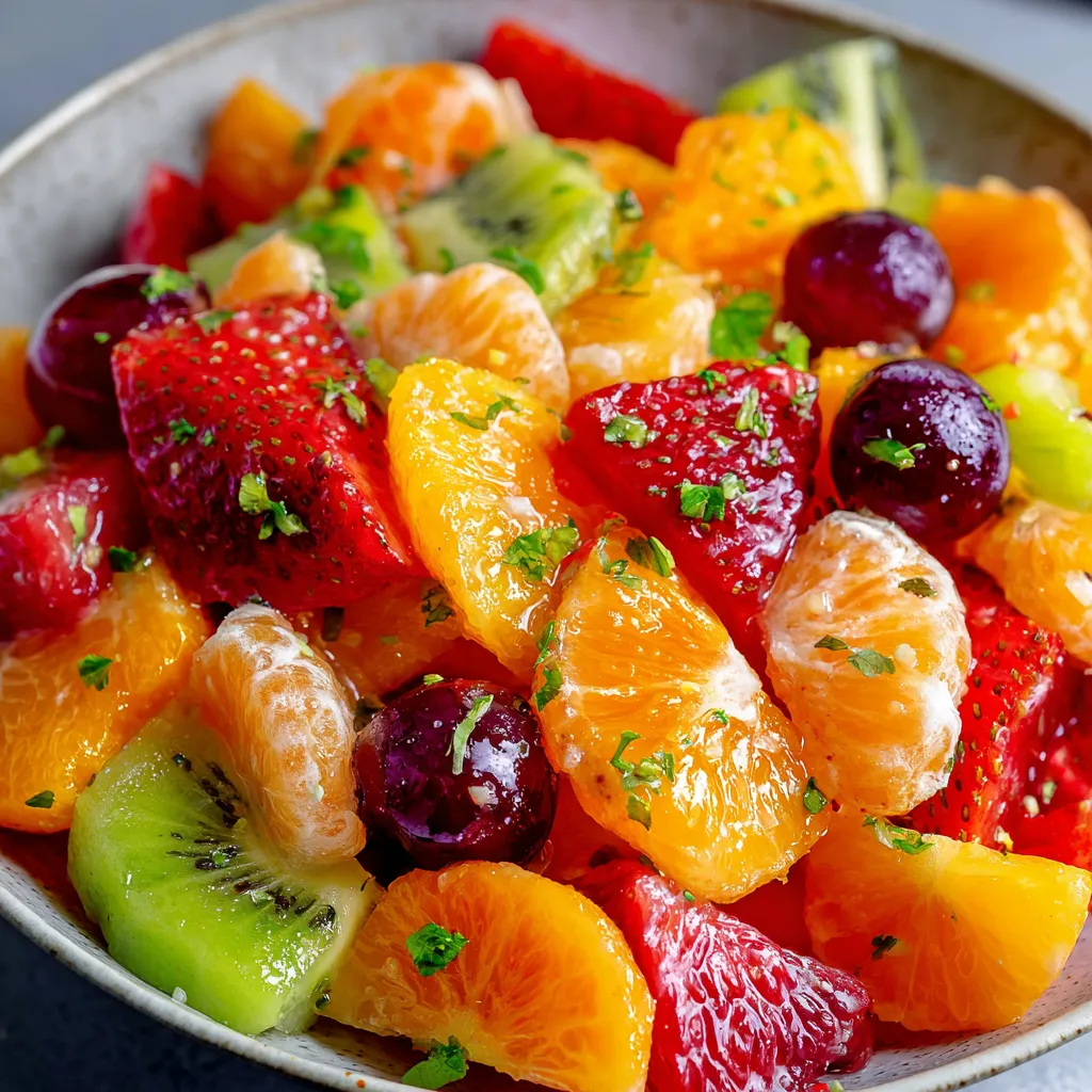 Fresh fruit salad in a white bowl with colorful berries, kiwi, and citrus glaze