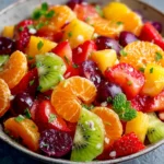Fresh fruit salad in a white bowl with colorful berries, kiwi, and citrus glaze