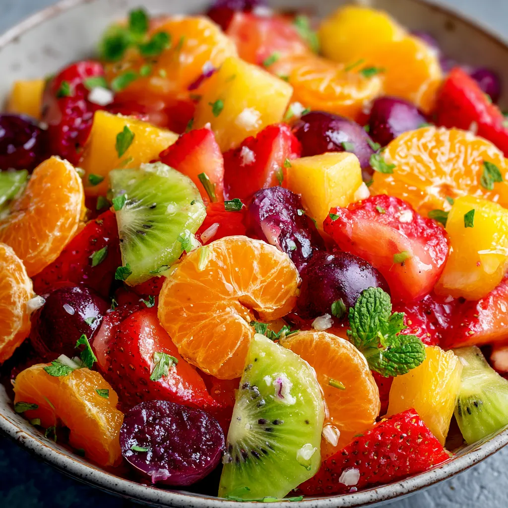 Fresh fruit salad in a white bowl with colorful berries, kiwi, and citrus glaze