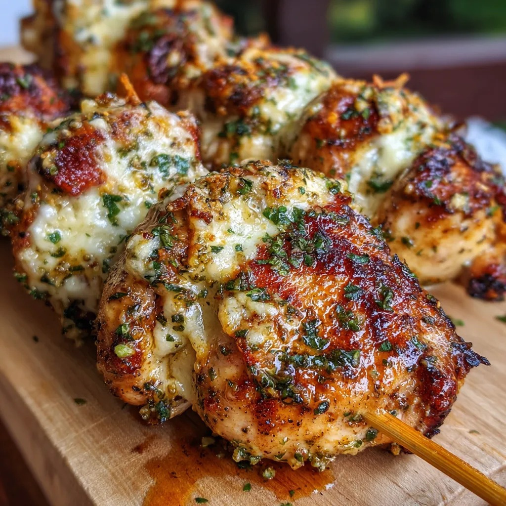 Juicy Garlic Mozzarella Chicken Bomb Skewers hot off the grill, with melted cheese and fresh herbs.