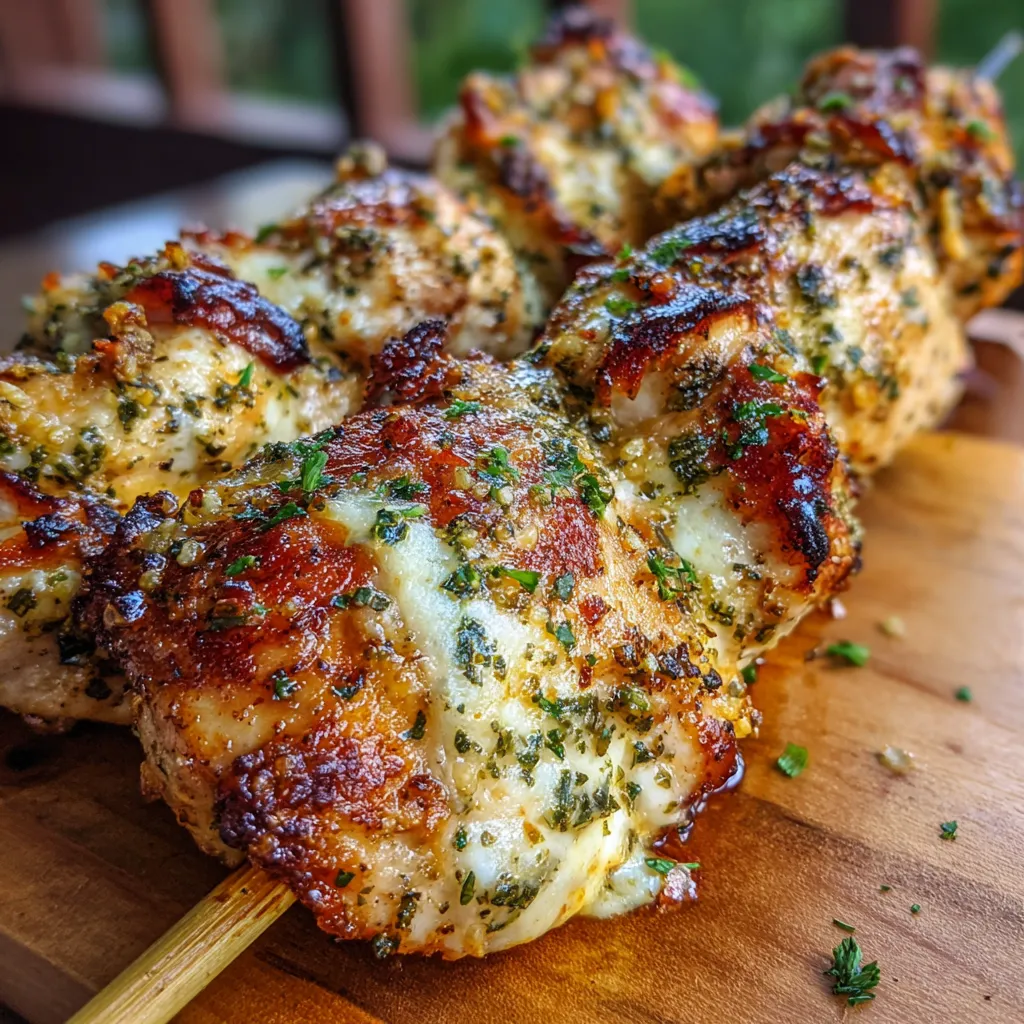 Juicy Garlic Mozzarella Chicken Bomb Skewers hot off the grill, with melted cheese and fresh herbs.