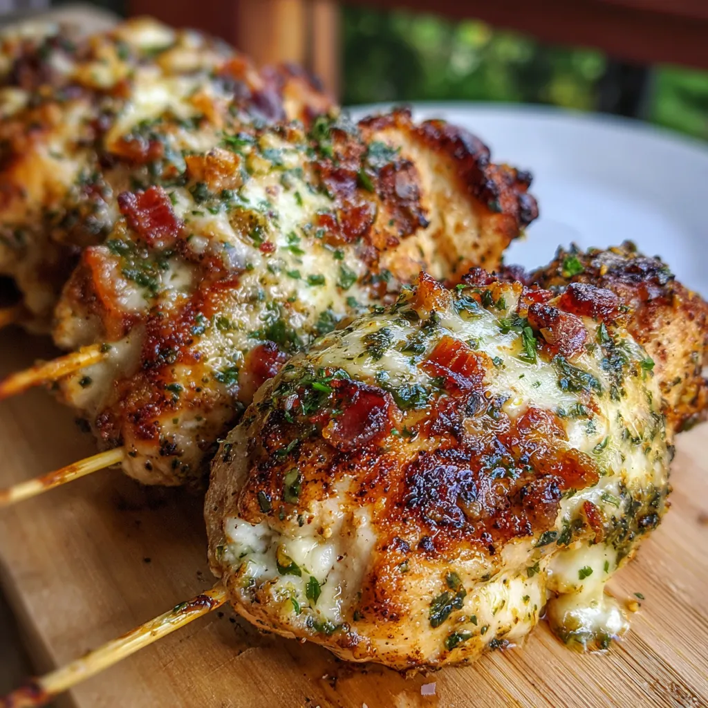 Juicy Garlic Mozzarella Chicken Bomb Skewers hot off the grill, with melted cheese and fresh herbs.