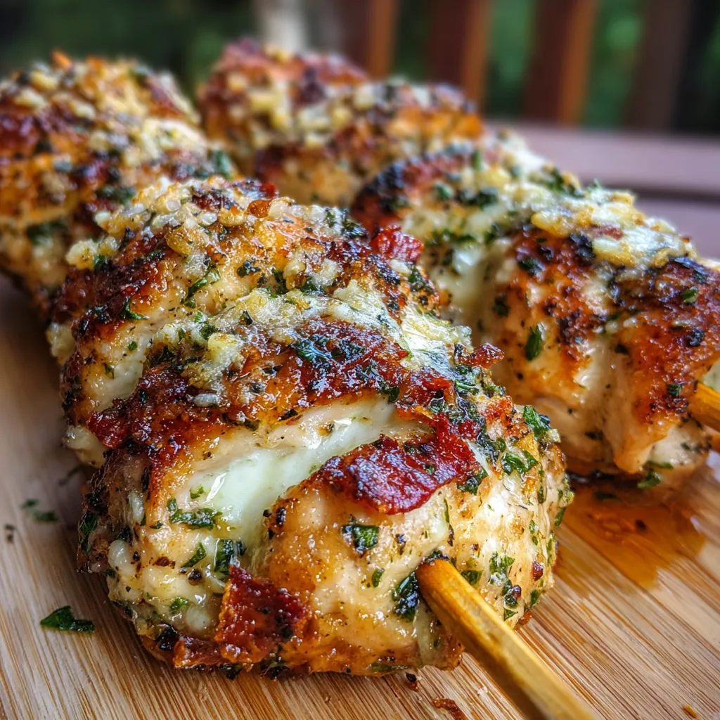 Juicy Garlic Mozzarella Chicken Bomb Skewers hot off the grill, with melted cheese and fresh herbs.