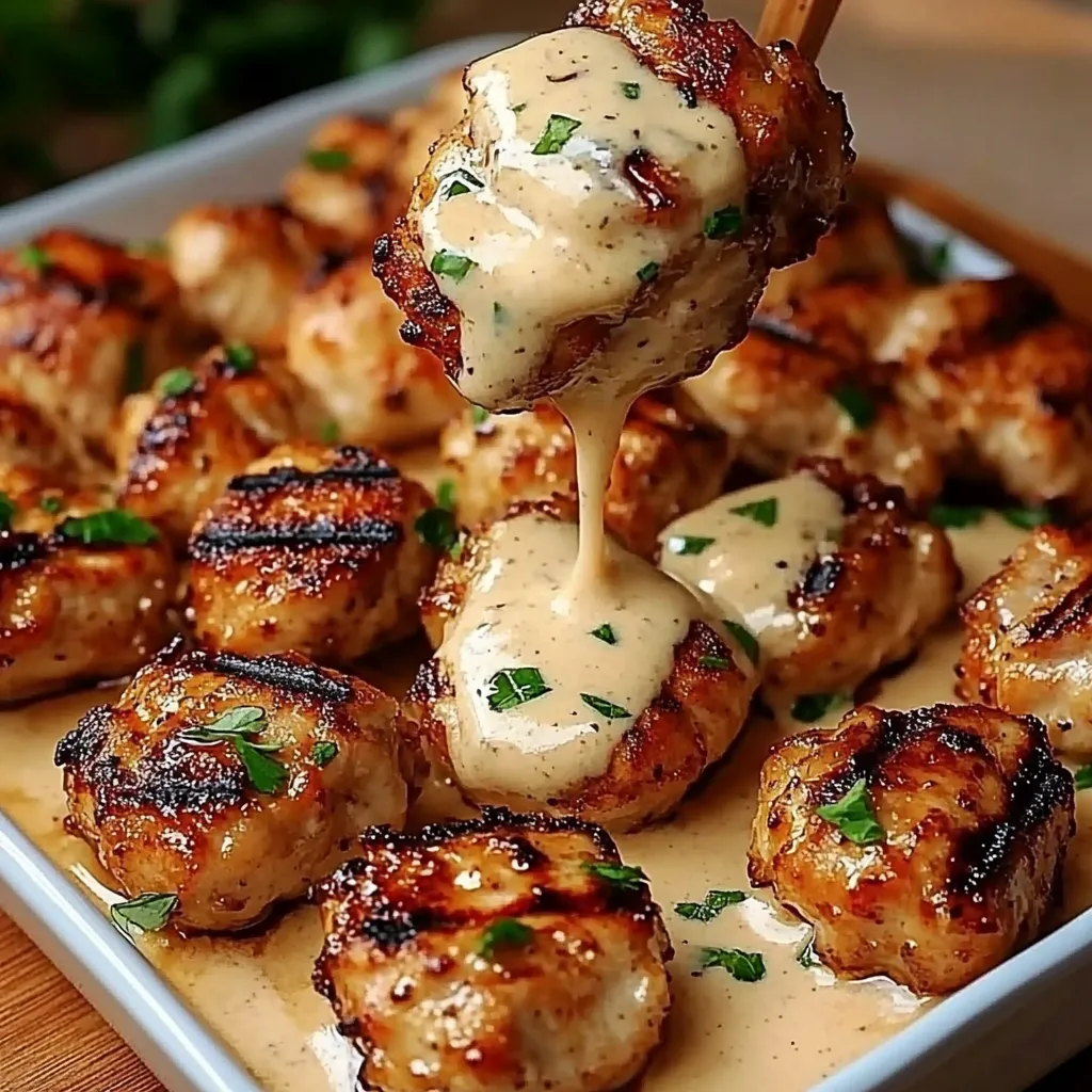Grilled chicken bites on skewers served with a creamy garlic dipping sauce