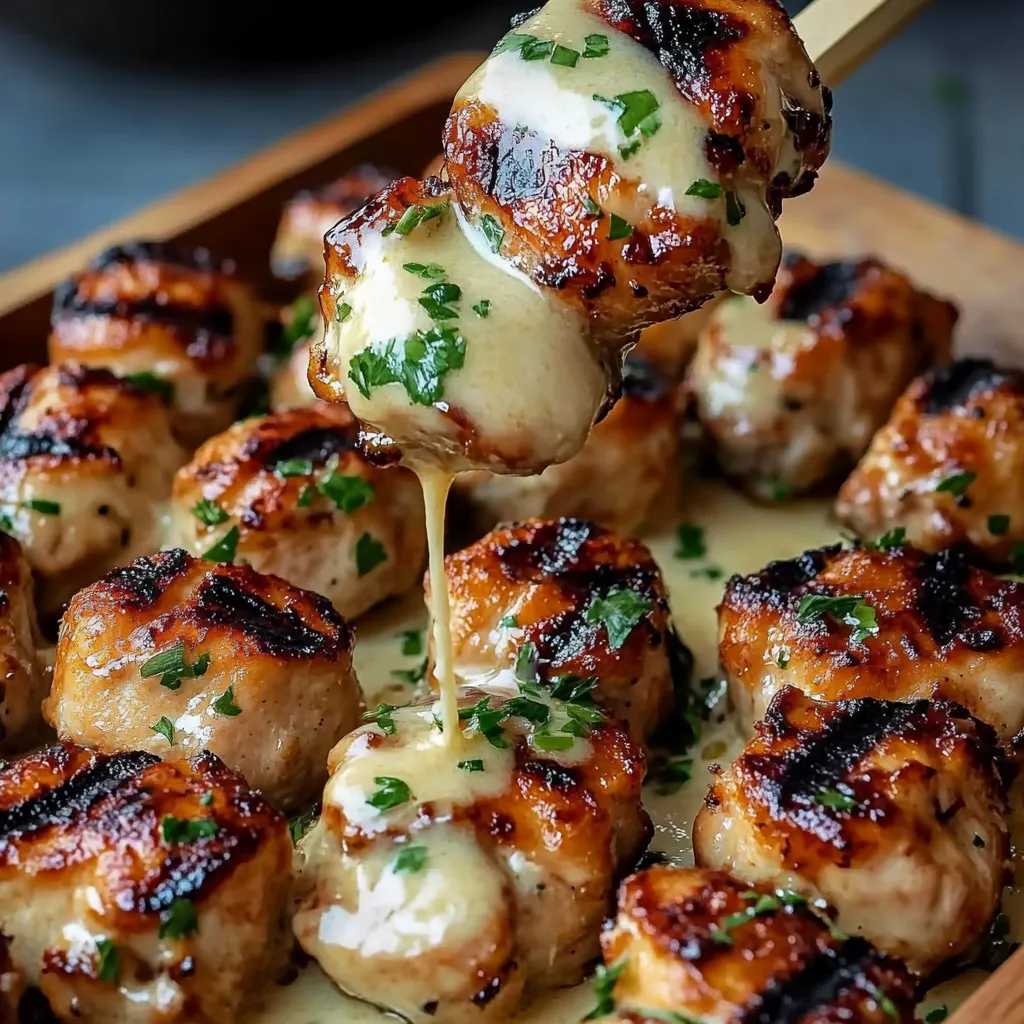 Grilled chicken bites on skewers served with a creamy garlic dipping sauce