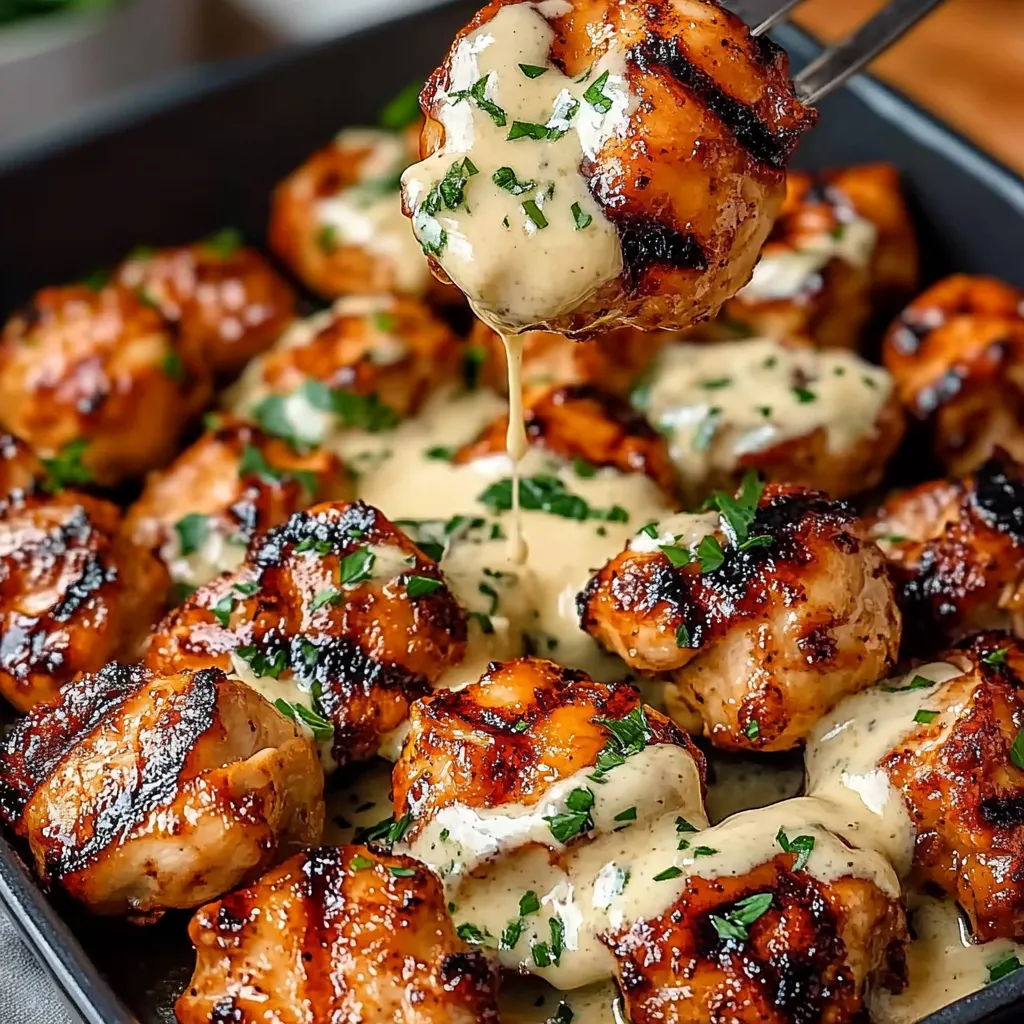 Grilled chicken bites on skewers served with a creamy garlic dipping sauce