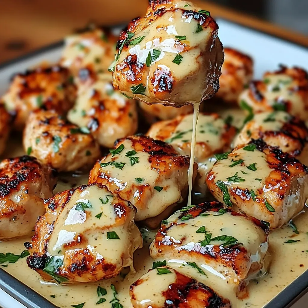 Grilled chicken bites on skewers served with a creamy garlic dipping sauce