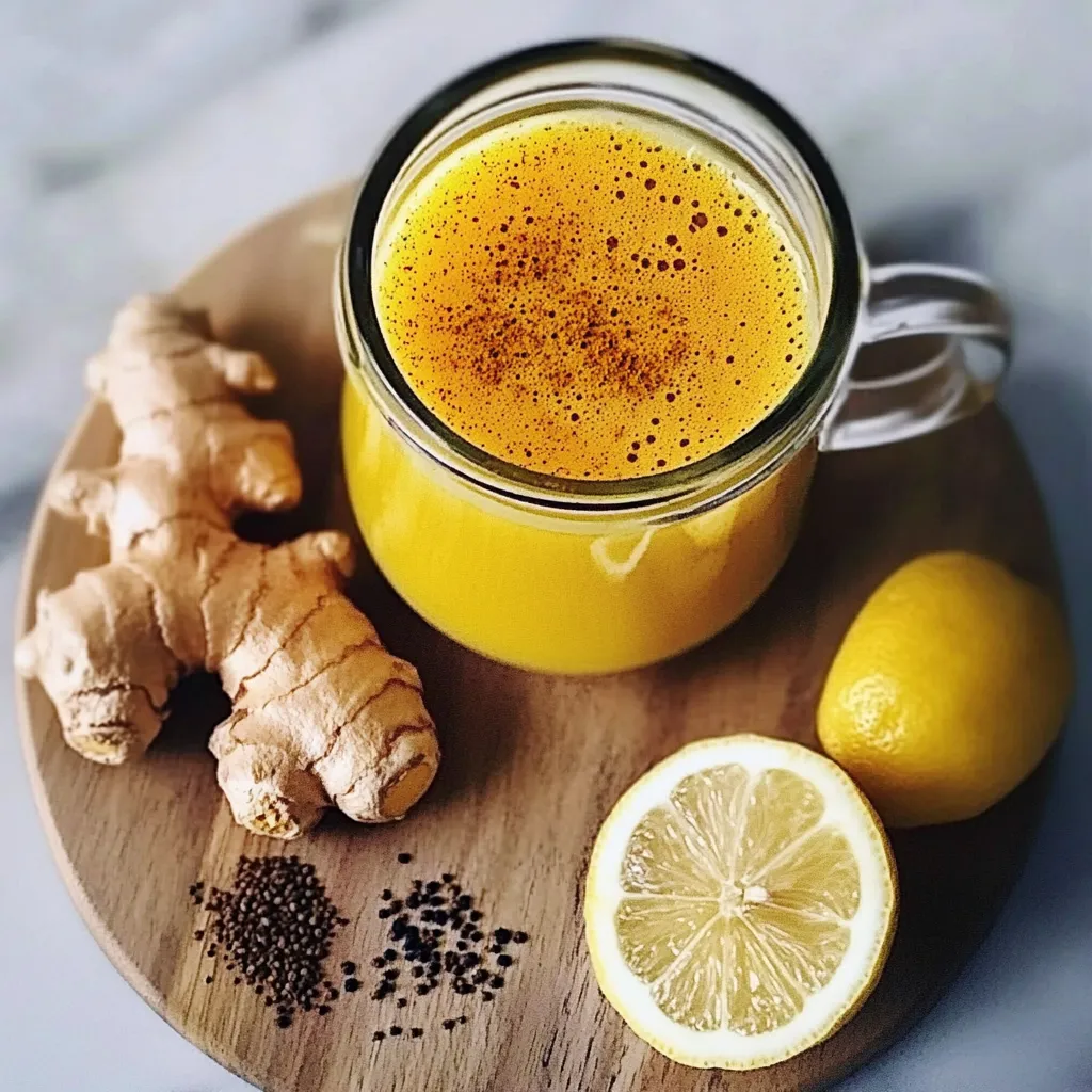 A warm mug of golden turmeric tonic with fresh ginger, lemon, and turmeric root on a wooden surface