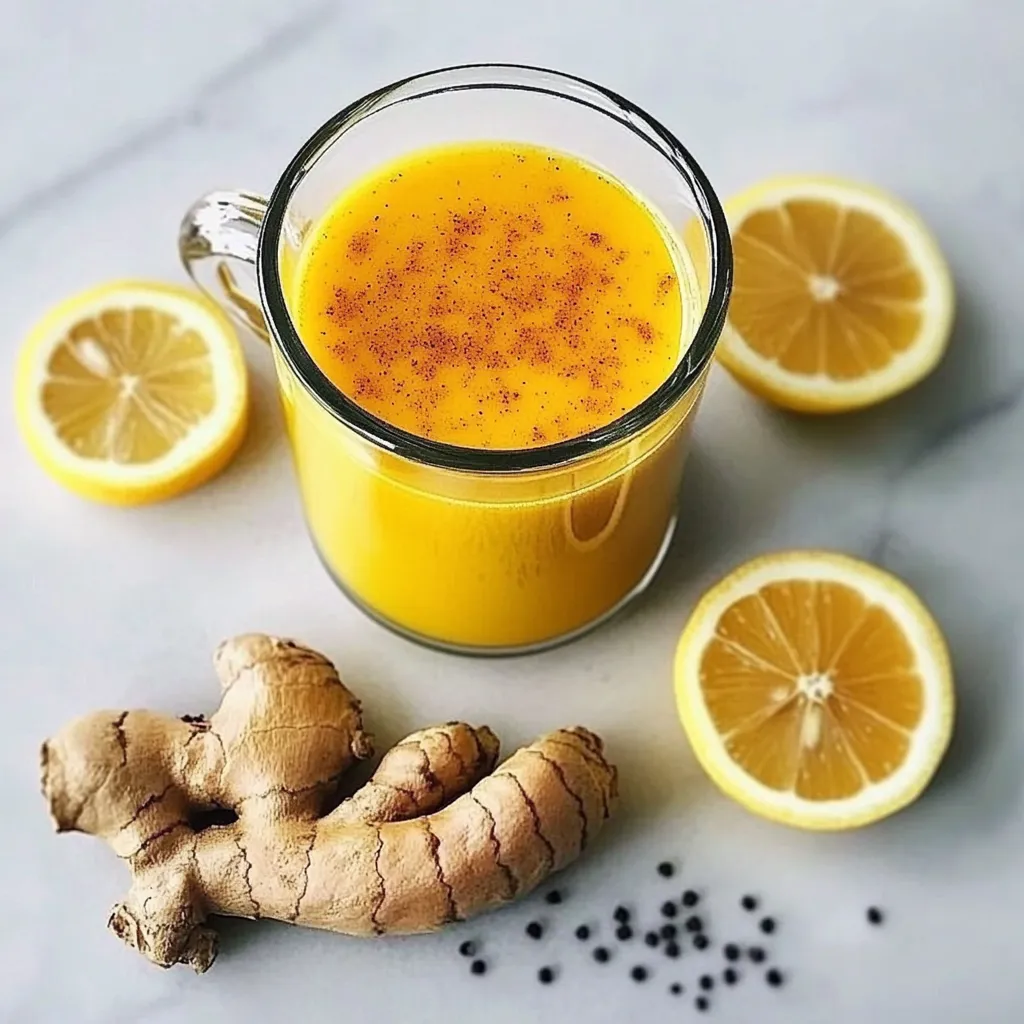 A warm mug of golden turmeric tonic with fresh ginger, lemon, and turmeric root on a wooden surface