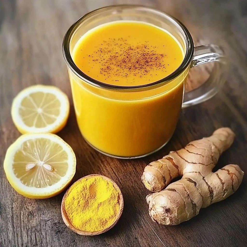 A warm mug of golden turmeric tonic with fresh ginger, lemon, and turmeric root on a wooden surface