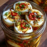 spicy pickled eggs, garlic pickled eggs, jalapeño pickled eggs, homemade pickled eggs, vinegar eggs