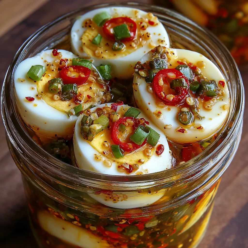 spicy pickled eggs, garlic pickled eggs, jalapeño pickled eggs, homemade pickled eggs, vinegar eggs