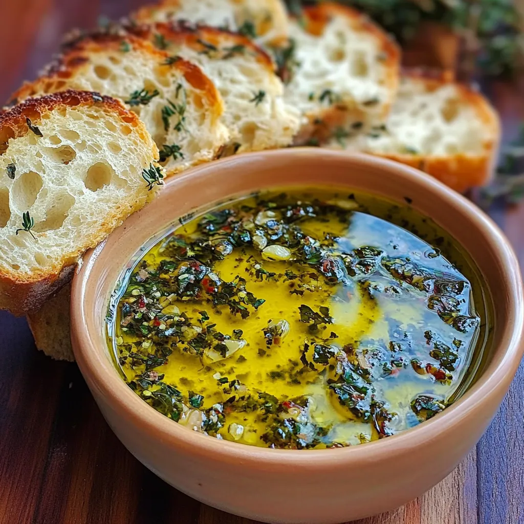 Olive oil bread dip with herbs and Parmesan served in a white dish with crusty bread