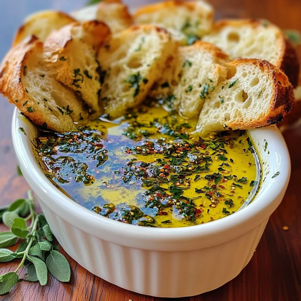 Olive oil bread dip with herbs and Parmesan served in a white dish with crusty bread