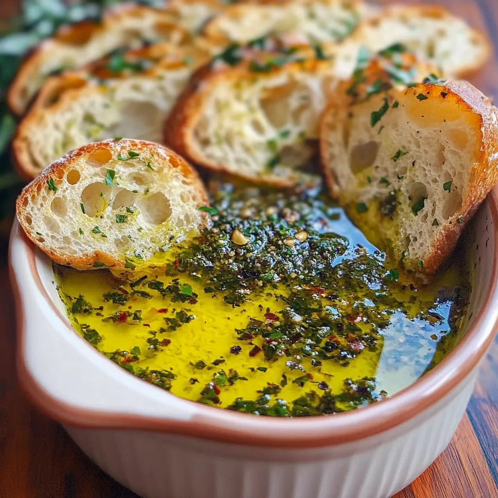 Olive oil bread dip with herbs and Parmesan served in a white dish with crusty bread