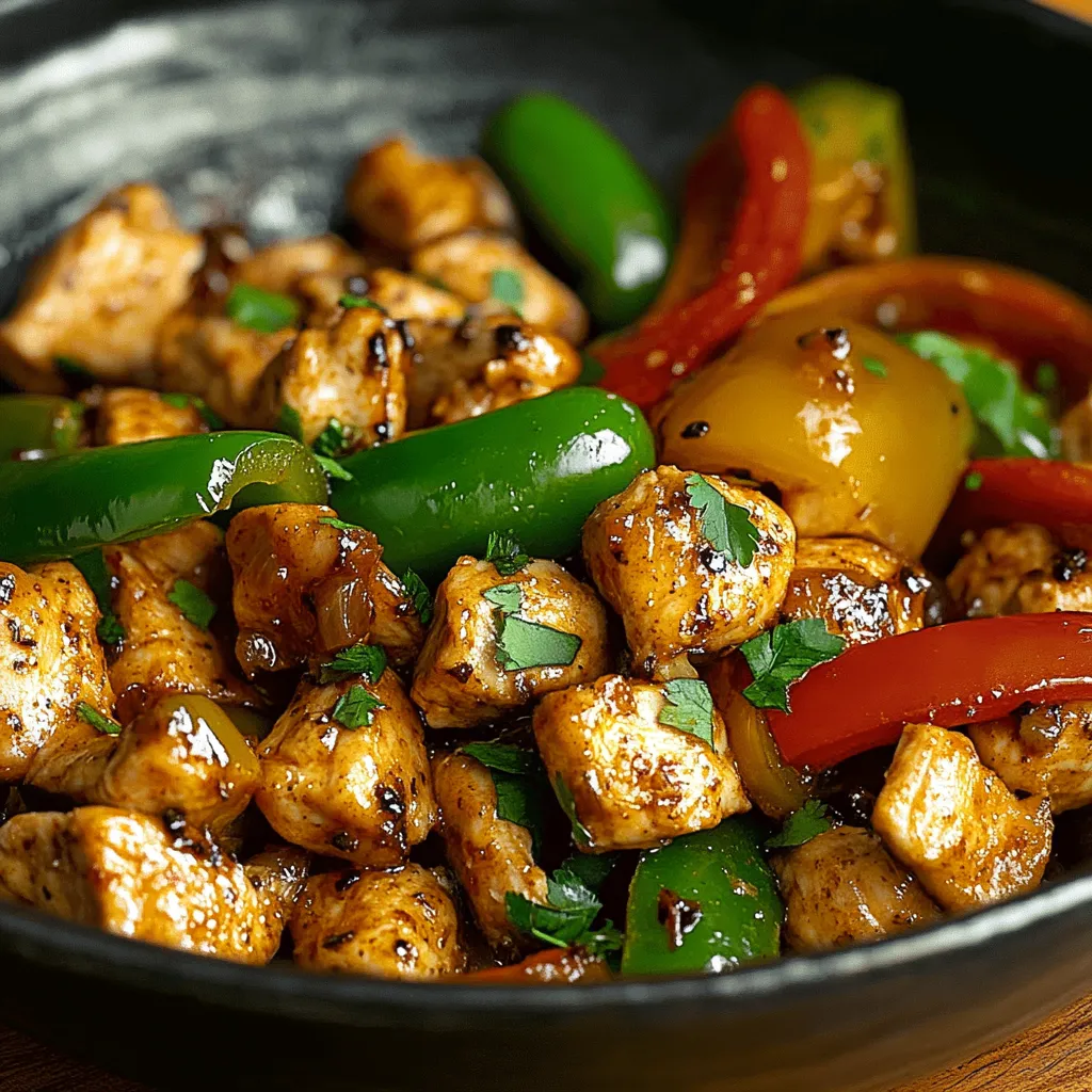 Skillet with jalapeño chicken and sliced bell peppers ready to serve