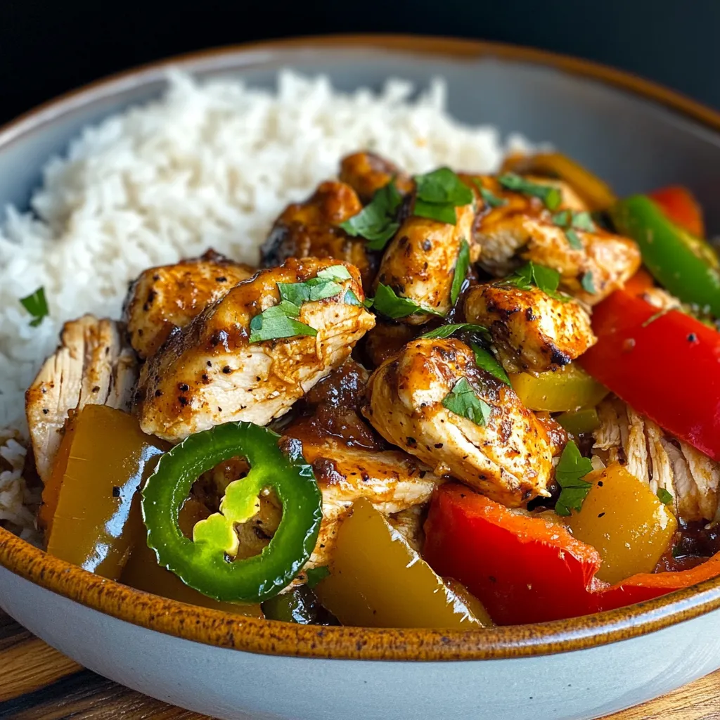 Skillet with jalapeño chicken and sliced bell peppers ready to serve