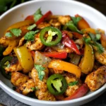 Skillet with jalapeño chicken and sliced bell peppers ready to serve