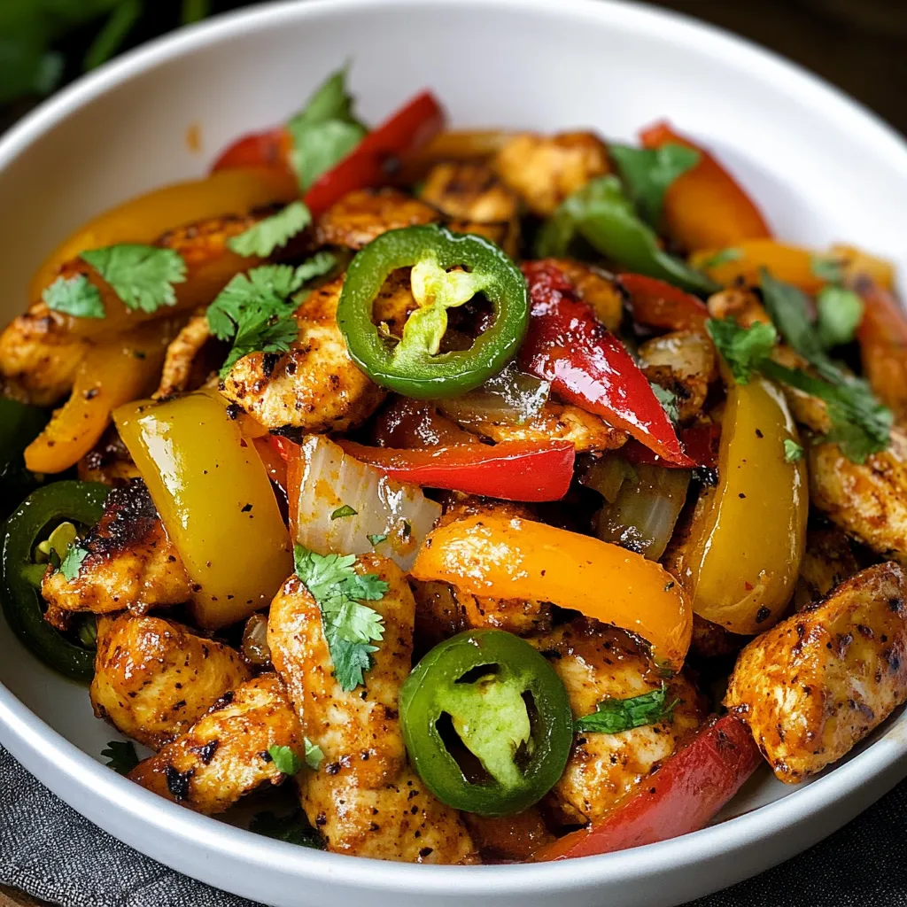 Skillet with jalapeño chicken and sliced bell peppers ready to serve