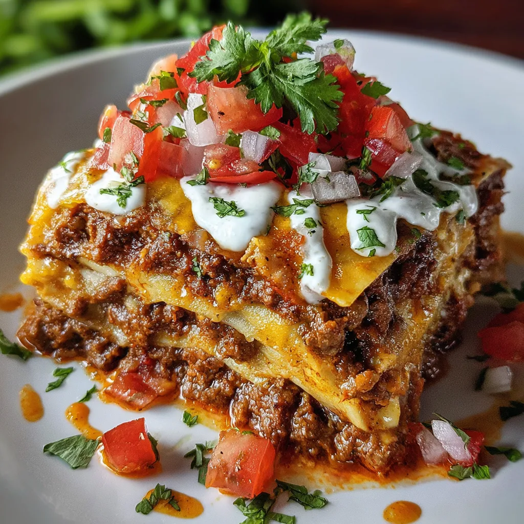 Layered Mexican Lasagna with tortillas, beef, beans, and melted cheese in a casserole dish.
