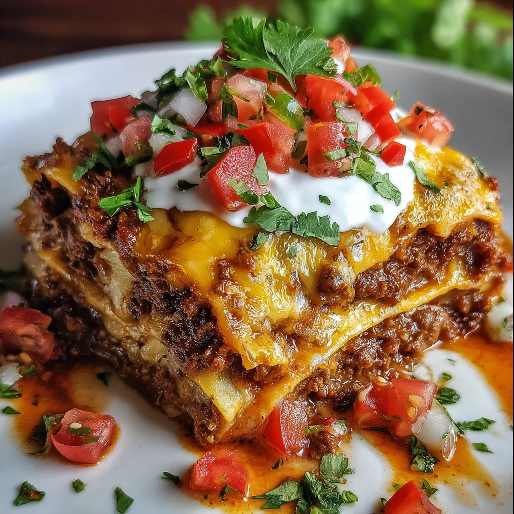 Layered Mexican Lasagna with tortillas, beef, beans, and melted cheese in a casserole dish.