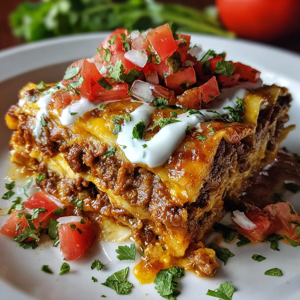 Layered Mexican Lasagna with tortillas, beef, beans, and melted cheese in a casserole dish.