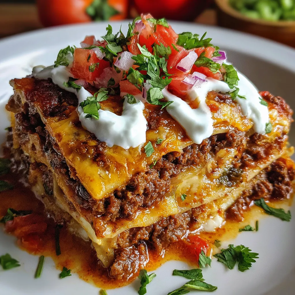 Layered Mexican Lasagna with tortillas, beef, beans, and melted cheese in a casserole dish.