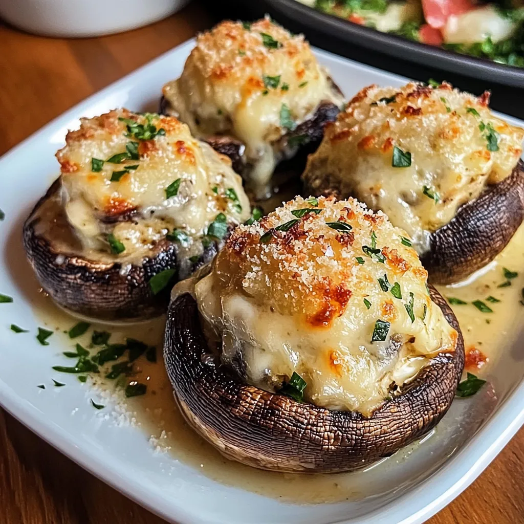 Stuffed mushrooms topped with melted cheese on a white serving platter