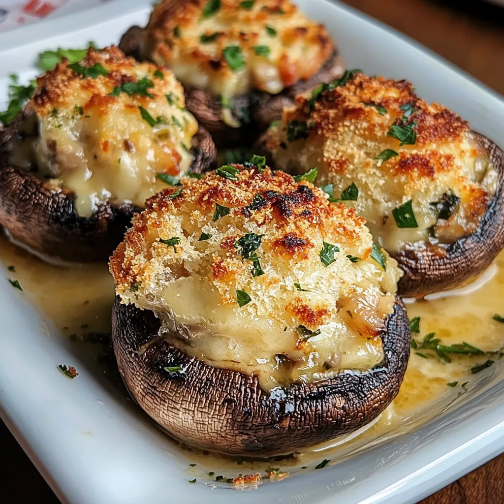 Stuffed mushrooms topped with melted cheese on a white serving platter