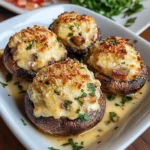 Stuffed mushrooms topped with melted cheese on a white serving platter