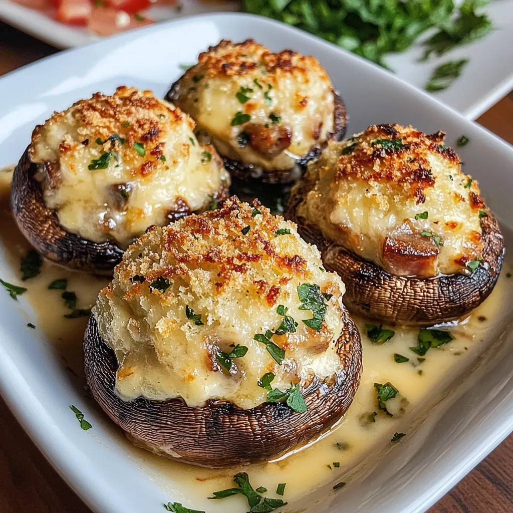 Stuffed mushrooms topped with melted cheese on a white serving platter