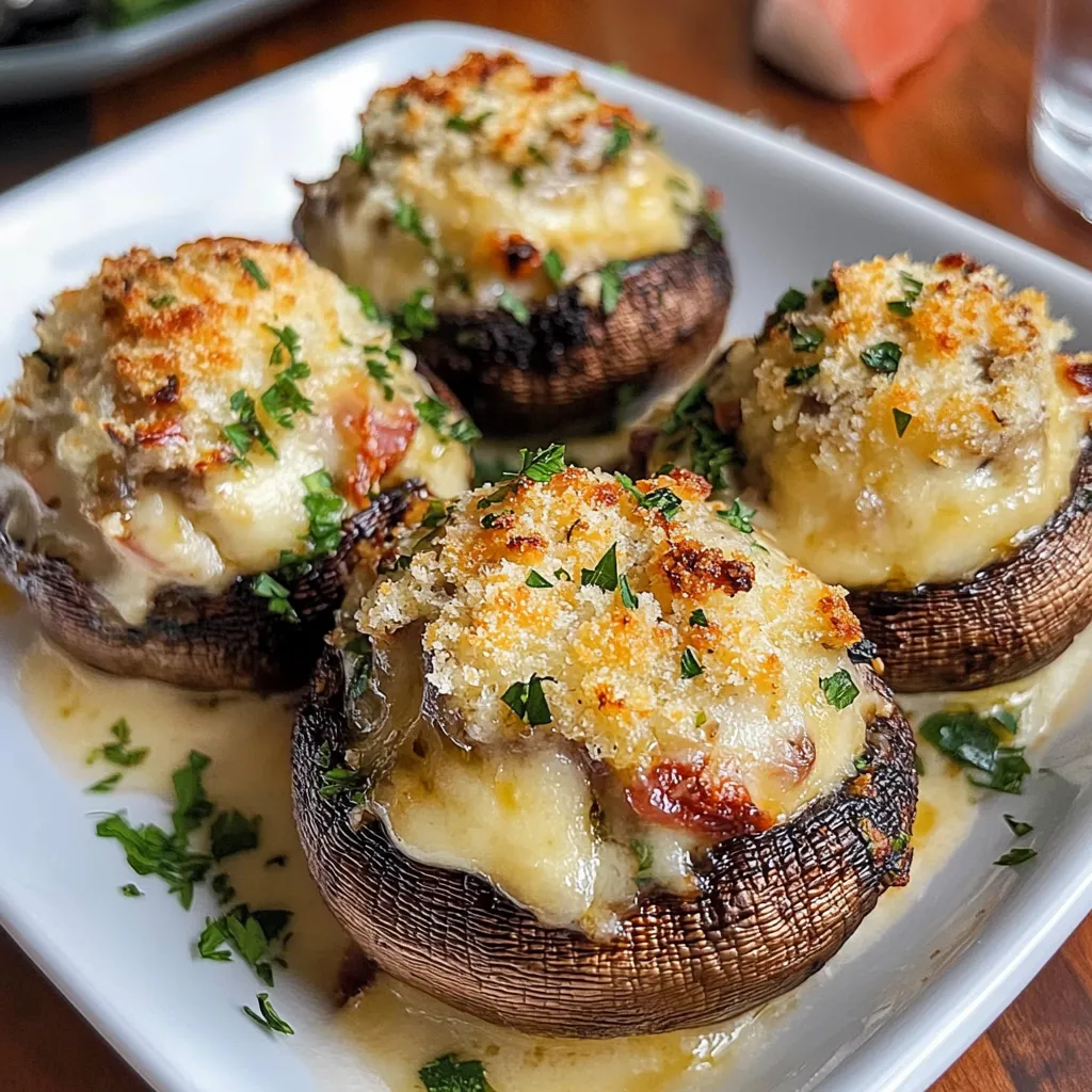 Stuffed mushrooms topped with melted cheese on a white serving platter