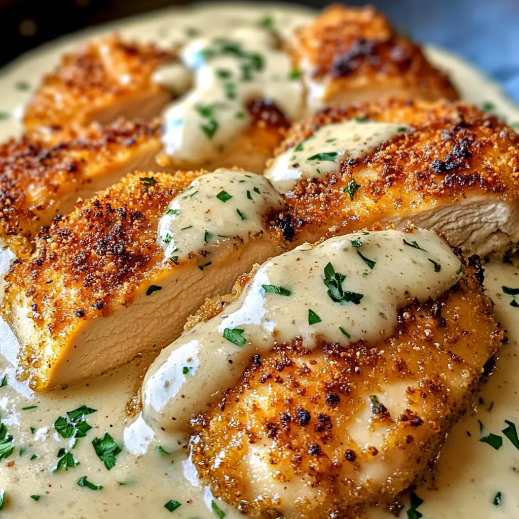 Parmesan-crusted chicken breast with creamy garlic sauce, garnished with parsley