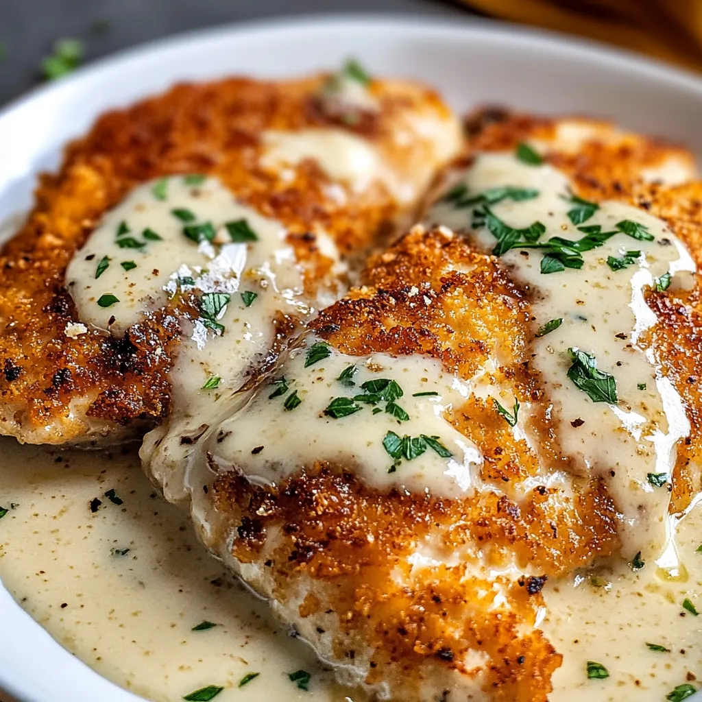 Parmesan-crusted chicken breast with creamy garlic sauce, garnished with parsley
