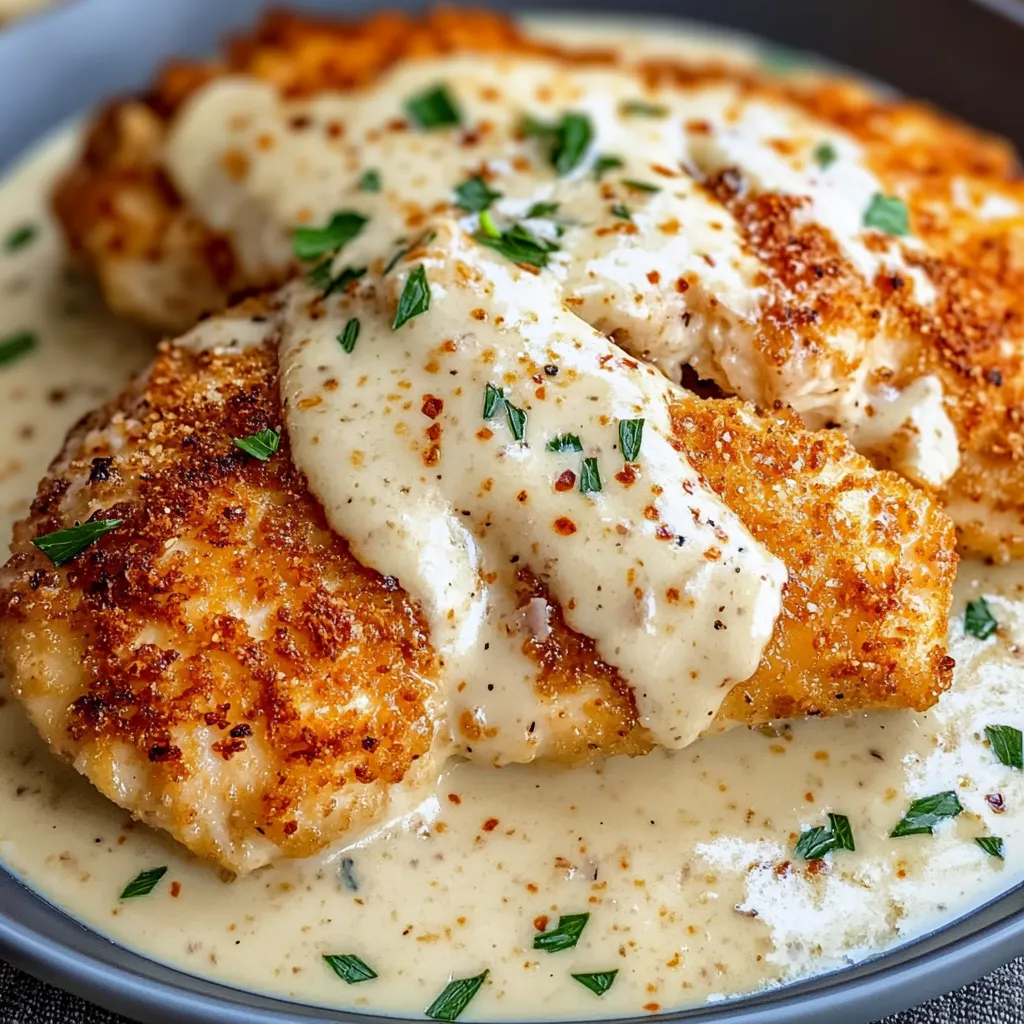 Parmesan-crusted chicken breast with creamy garlic sauce, garnished with parsley