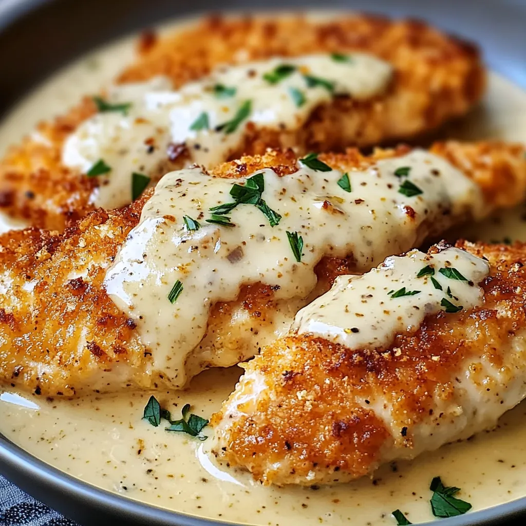 Parmesan-crusted chicken breast with creamy garlic sauce, garnished with parsley