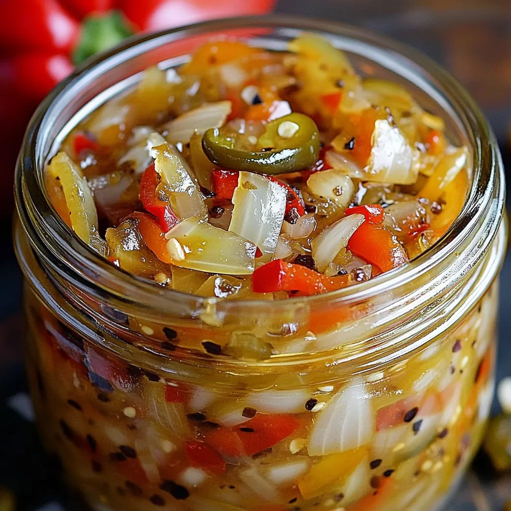 A jar of colorful pickled pepper and onion relish on a wooden cutting board, with fresh peppers in the background.