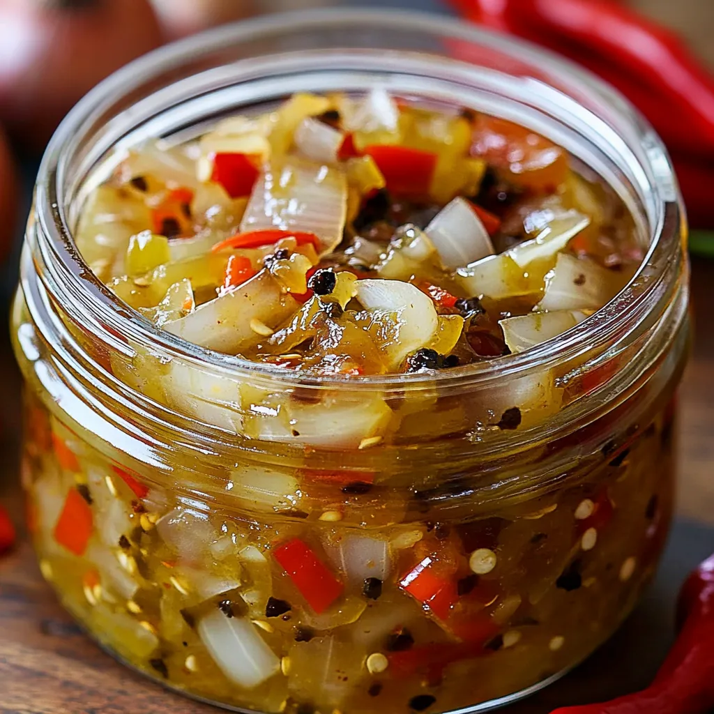 A jar of colorful pickled pepper and onion relish on a wooden cutting board, with fresh peppers in the background.