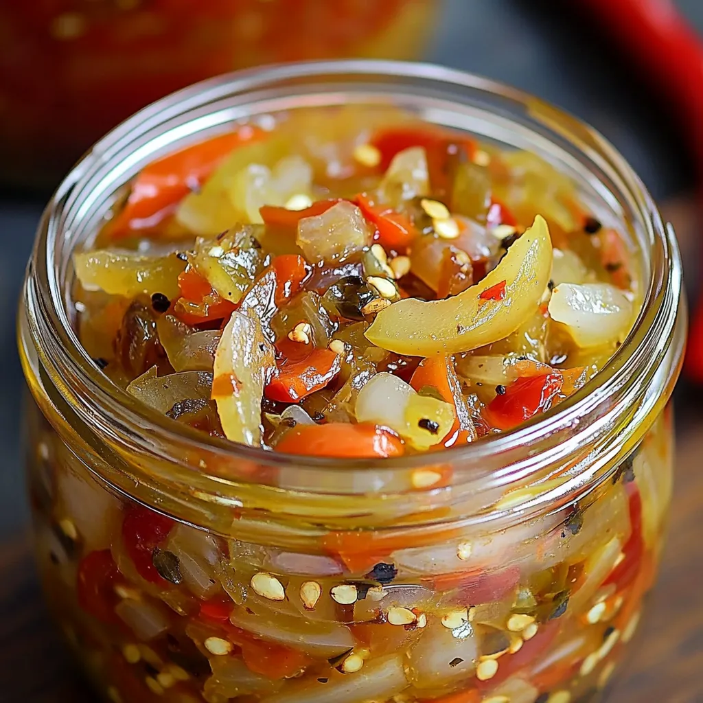 A jar of colorful pickled pepper and onion relish on a wooden cutting board, with fresh peppers in the background.