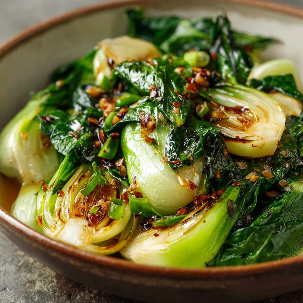 Baby bok choy stir-fried with garlic and ginger in a wok