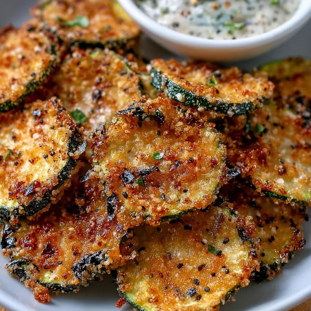 Crispy baked zucchini rounds coated in golden panko and Parmesan on a parchment-lined baking sheet