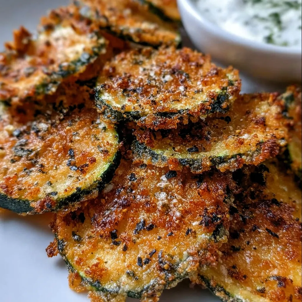 Crispy baked zucchini rounds coated in golden panko and Parmesan on a parchment-lined baking sheet