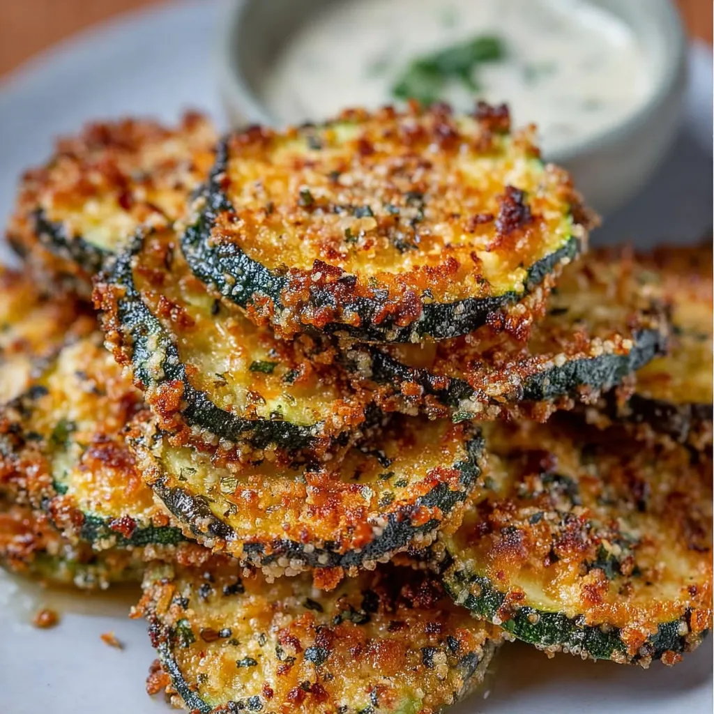 Crispy baked zucchini rounds coated in golden panko and Parmesan on a parchment-lined baking sheet