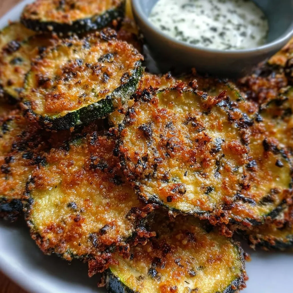 Crispy baked zucchini rounds coated in golden panko and Parmesan on a parchment-lined baking sheet