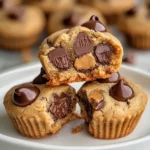 Soft and chewy Reese’s Peanut Butter Chocolate Chip Cookie Bites stacked on a plate.